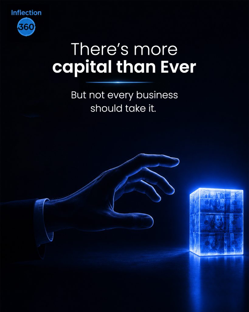 Inflection 360 graphic of a hand reaching toward a glowing cube of cash on a dark blue background.