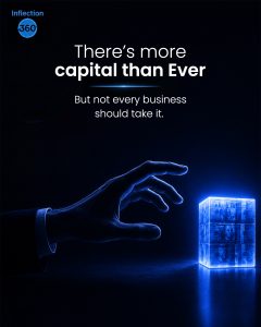 Inflection 360 graphic of a hand reaching toward a glowing cube of cash on a dark blue background.