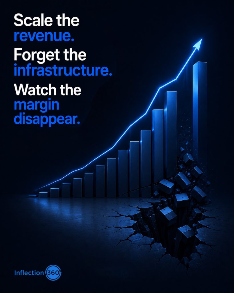 Inflection 360 graphic of rising revenue bars over a collapsing margin infrastructure floor. 