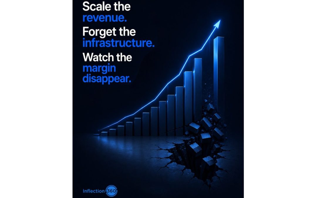 Inflection 360 graphic of rising revenue bars over a collapsing margin infrastructure floor.