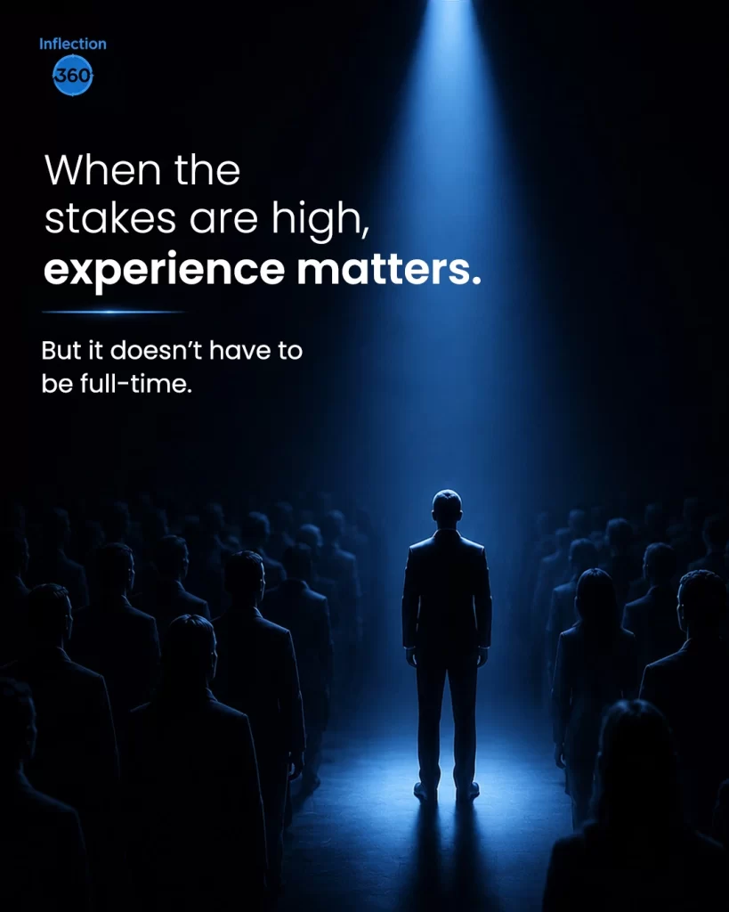 Inflection 360 graphic of a leader in a spotlight among a crowd, emphasizing experience. 